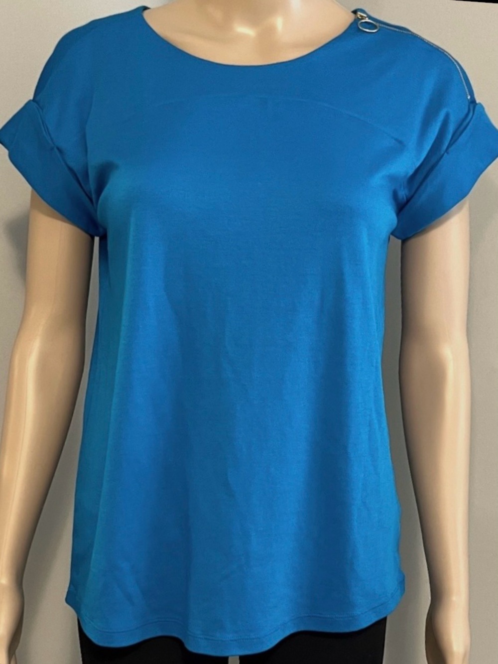 Lands End Supine Micro Modal Roll Sleeve Zip Shoulder Tee Siam Blue Size S